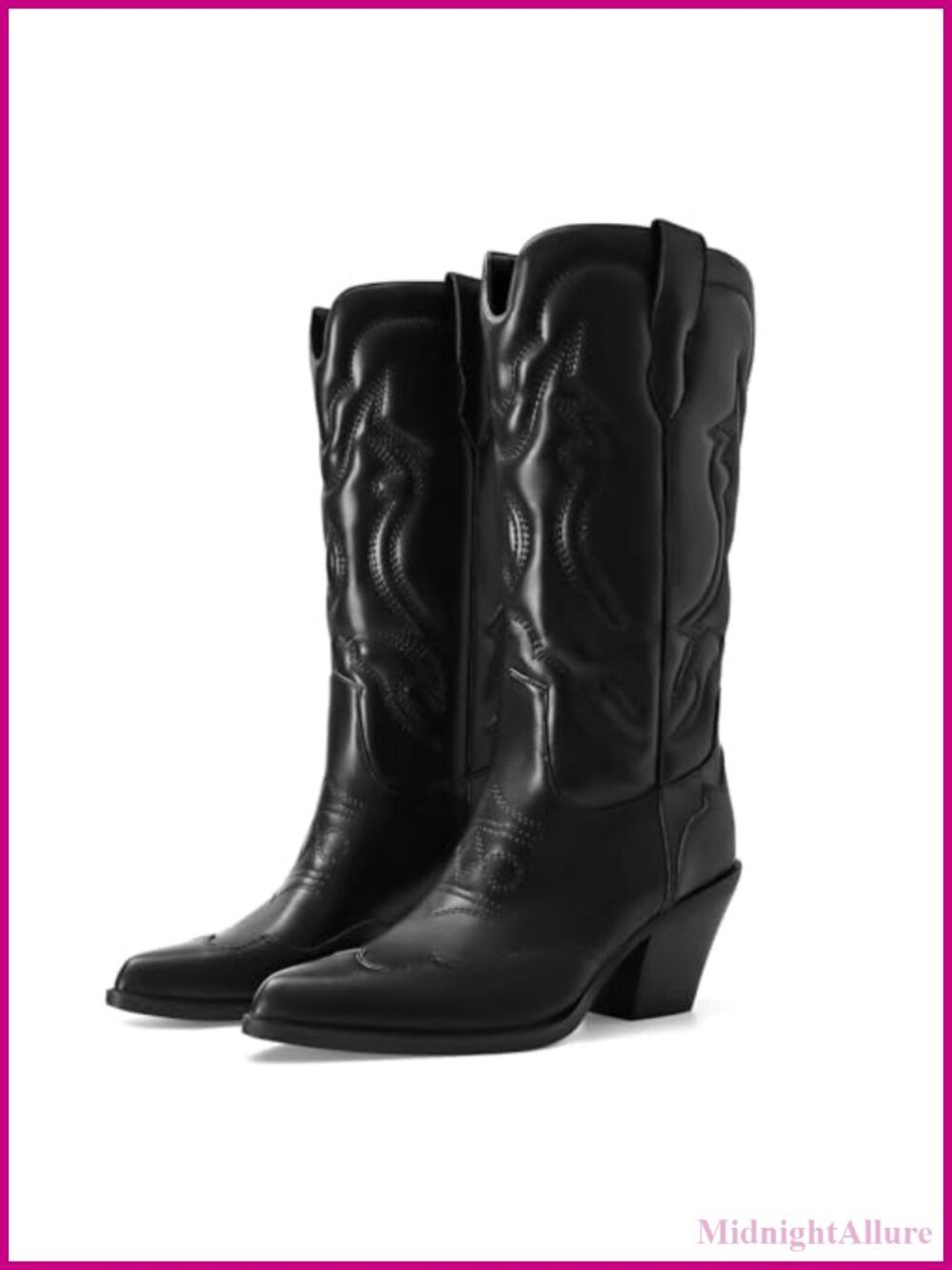 Women's Mid Calf Cowboy Boots Embroidered Pointed Toe Chunky Heel Pull On